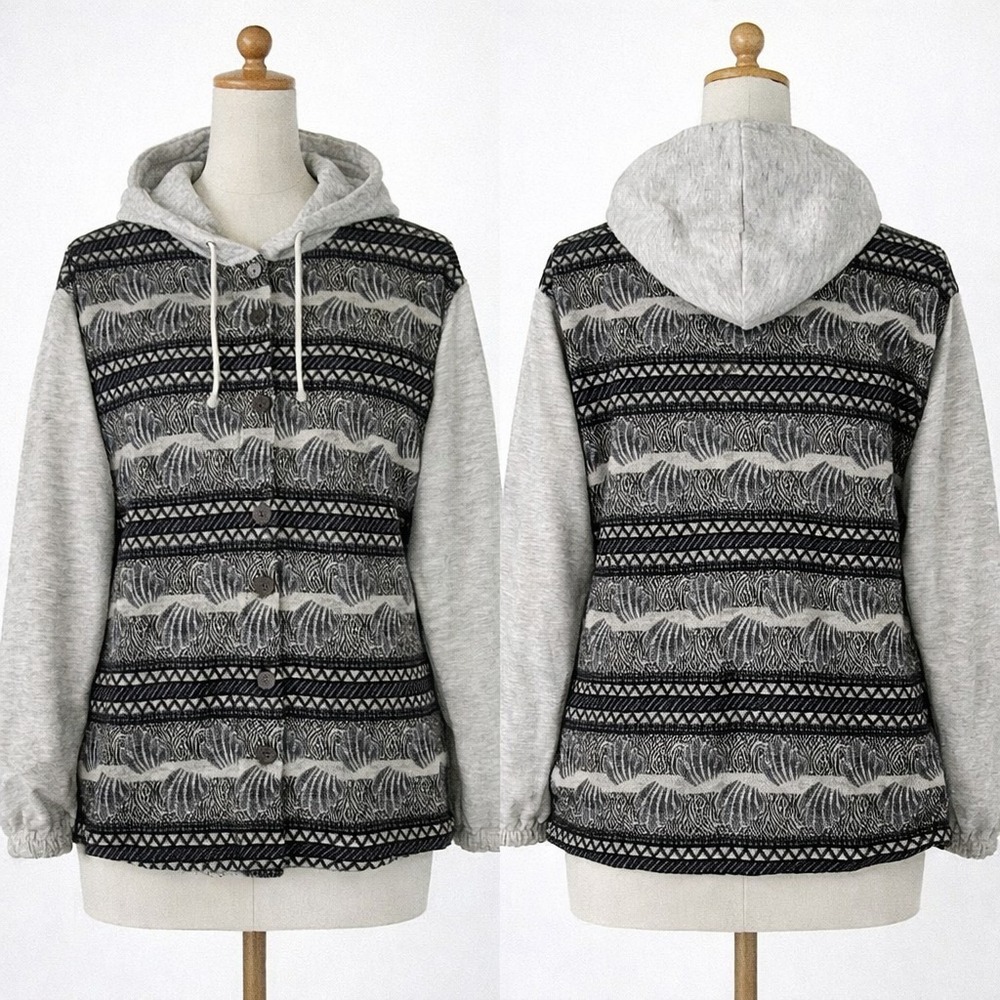VTG LA Colors Gray Knit Abstract Button-Up Hoodie Sweatshirt USA Y2K Size Small